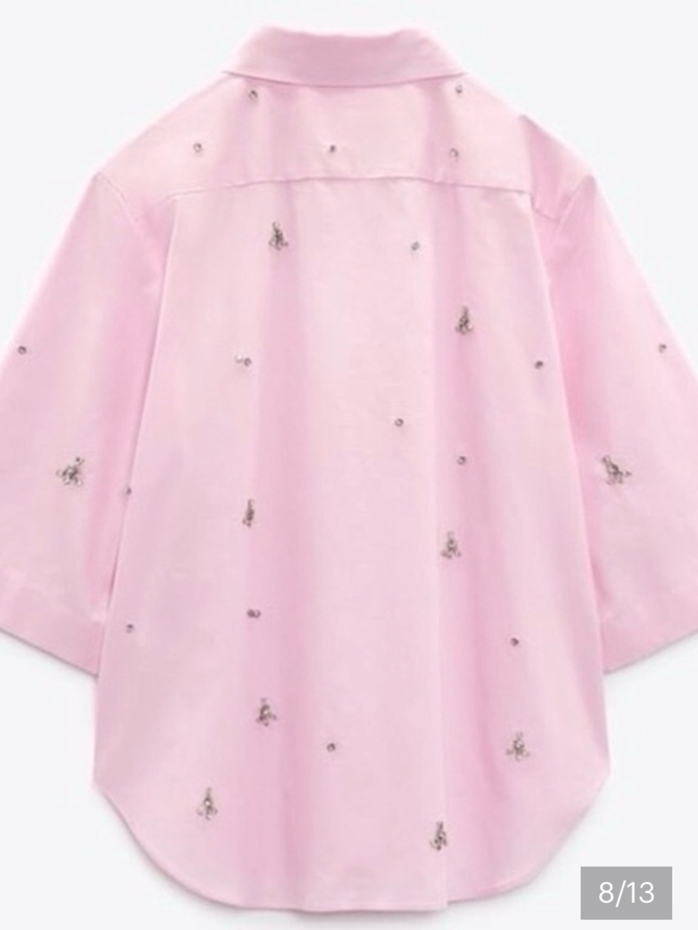 Zara Pink Cotton Button-Up Blouse | Rhinestones | 3/4 Sleeves | S | NWT - Picture 3 of 13